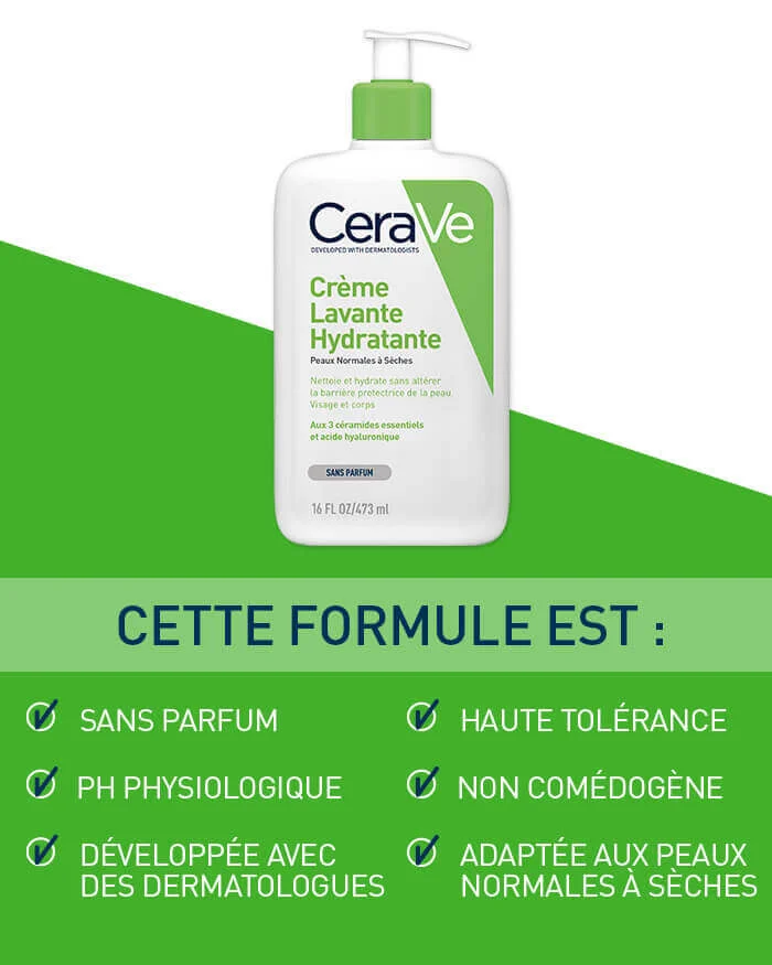 CERAVE Crème lavante hydratante pour peaux normales à sèches 236ml – Image 3